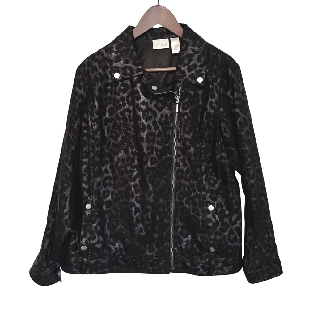 Stylish Black and Gray Leopard Print Zip Up Jacket - Picture 1 of 7